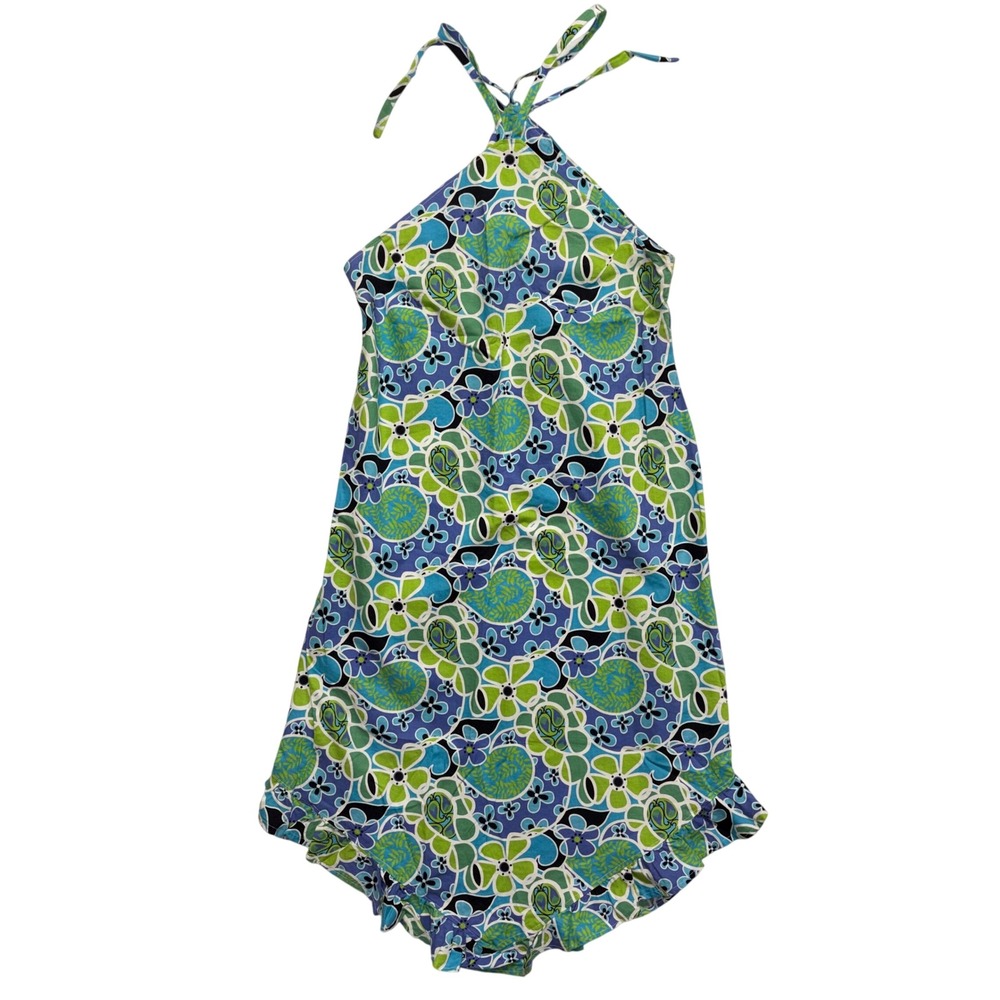 Vintage 60s 70s Mod Blue Green Floral Paisley Halter Mini Dress with Ruffle Hem